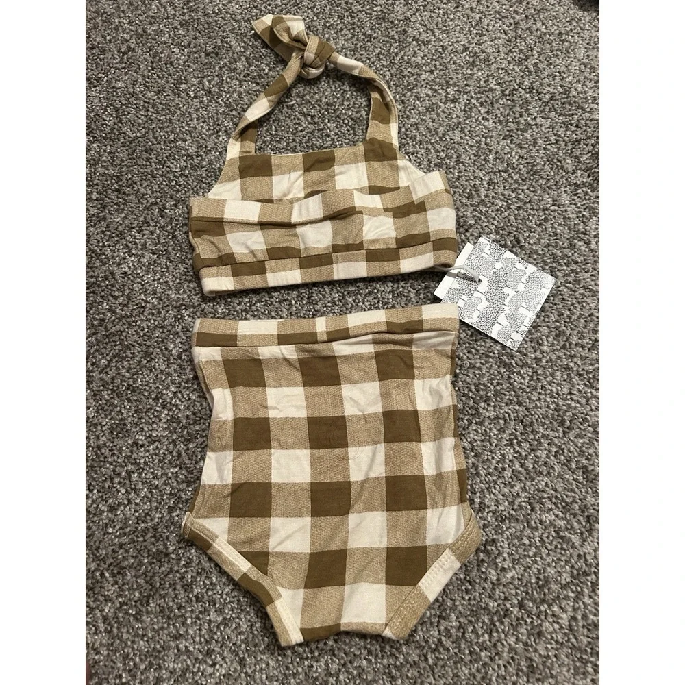 NEW Kate Quinn 12-18 Months Girls Two Piece Retro Halter Sunsuit Green Beige